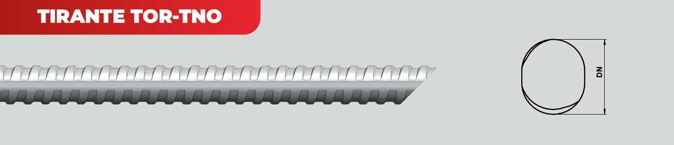 Diagrama técnico dos Tirantes TOR-TNO mostrando porca esférica e placa abaulada para mineração